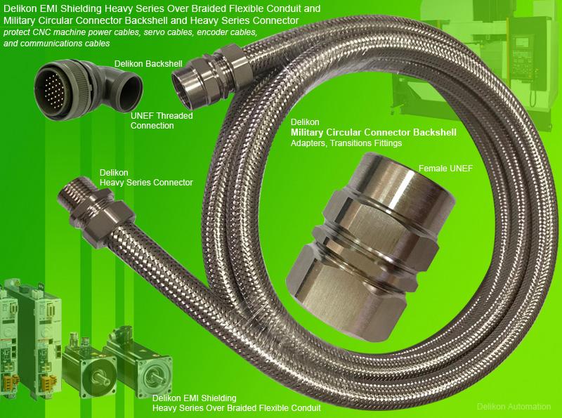 Delikon EMI Shielding Heavy Series Over Braided Flexible Conduit with Military Circular Connector Backshells, Adapters and Transitions Fittings Delikon Cable Protection Flexible Conduit with Conduit