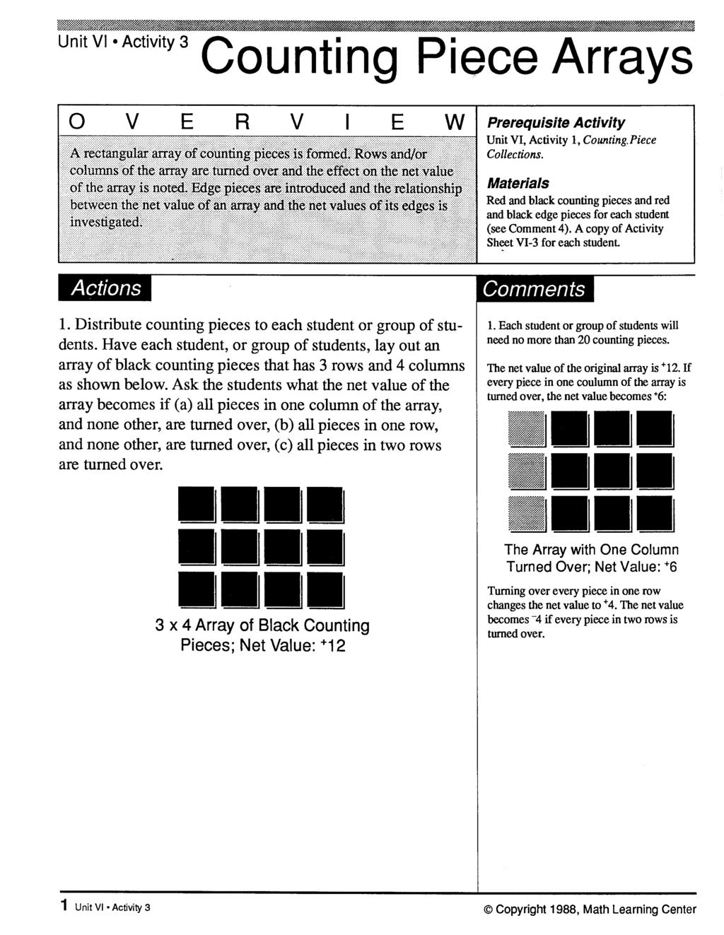 Unit VI Activity 3 Counting Piece Arrays 0 v E R v E Materials Red and black counting pieces and red and black edge pieces for each student (see Comment 4 ).