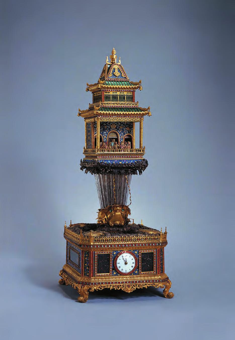 21 Gilt-Bronze Enamelled Pagoda Style Clock with Gods Giving Birthday Blessings Made in Guangzhou.
