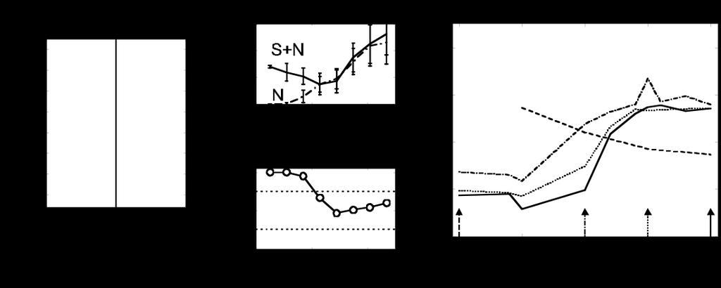 Fig. 2. A: Single-unit response pattern for signal in noise (S+N, 0-200 msec) and noise alone (N, 200-400 msec) for signal and noise at 90. Signal level is 43 db SPL.