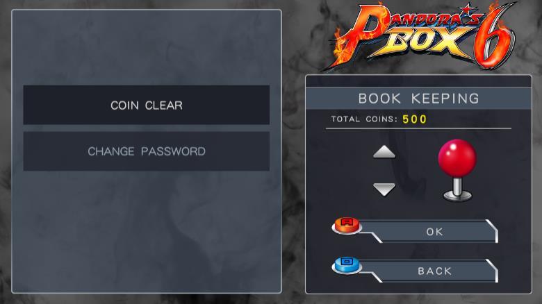(5) BOOK KEEPING Game board can record all the number of insert coin, displayed in the top right-hand corner of the system menu, if you need to clean the total coin records, into the bookkeeping,