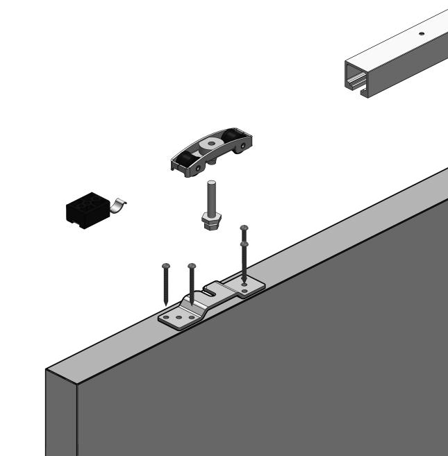 6. TROLLEY MOUNTING PLEASE NOTE: IF FITTING A SELF CLOSER OR DAMPER SYSTEM ON A DOOR BELOW 700MM WIDTH, ADJUST BRACKET CENTRES TO 0MM AWAY FROM THE DOOR EDGE 3 TROLLEY CATCH TROLLEY MOUNTING BOLT