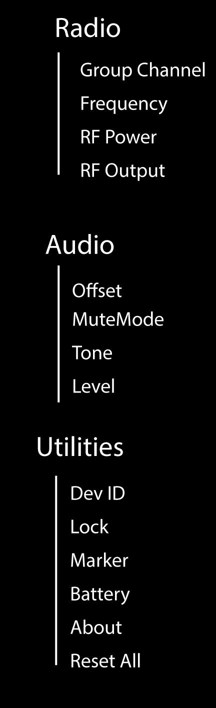 Radio Menu G: and C: Group and Channel Frequency RF Power Press the enter button to enable editing of a group (G:) or channel (C:).