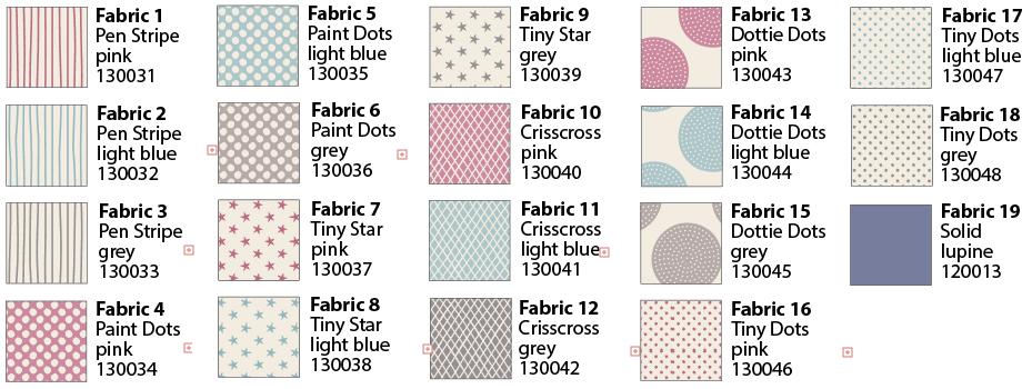 Fig A swatches 3 1 Pen Stripe swatches Fig A Fig A swatches 130031 5 Paint Dots 130035 9 Tiny Star 130039 17 Tiny Dots 130047 13 Dottie Dots 130043 1 2 Pen Stripe Pen Stripe 130031 5 Paint Dots6