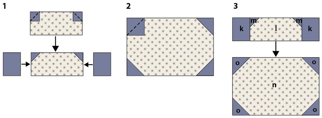 Fig G Making the scarf 16 To make the body section: For the top part of the body (see Fig H1), add the two m squares to the l rectangle to create corner triangles in the same way that you did for the