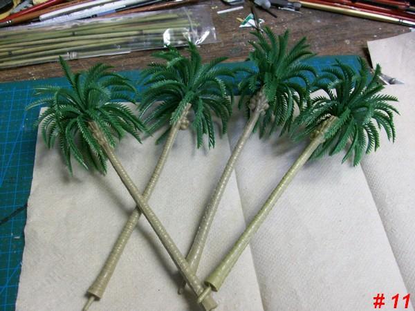 The trees used are Verlinden 078 palm trees and flexible plastic trees which are used on model railroads.
