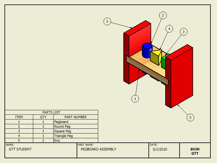 Select Browse for File and find the Pegboard Toy.iam. Select OK. Select OK again to enable BOM (Bill Of Materials) view and then place the parts list in a blank area of the drawing. 9. Select Balloon.