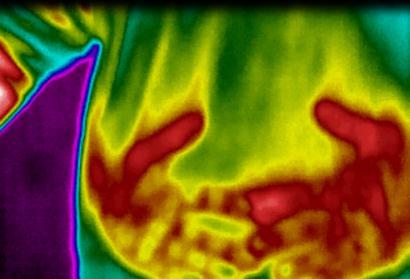 For several seconds after the hands are removed, the shapes of the hands are still clearly visible in the heat distribution.