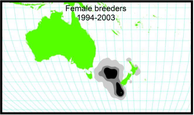 Figure 8: Kernel density plots of female Gibson s wandering albatrosses tracked while breeding and not breeding in 1994-2003 and 2009-2014.