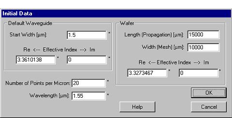 COMPONENT LIBRARY LESSON 2: DESIGN A WDM DEVICE WITH THE WIZARD TOOL Figure 1 Initial Data dialog box 4 In the Wafer section, type 15000 in the Length (Propagation) box.