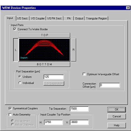 COMPONENT LIBRARY LESSON 3: EDITING THE WDM DEVICE GEOMETRY Figure 1 WDM Device Properties default values Notice that the Symmetrical Couplers check box is enabled, that is, the Phased Array is