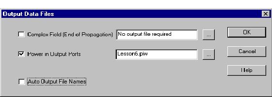 COMPONENT LIBRARY LESSON 6: PARAMETER SCANNING Figure 6 Output Data Files dialog box 2 In the Output Data Files dialog box, enable the Power In Output Ports check box.