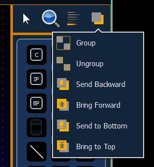 Ungroup - removes grouping. Send Backward - will send an object back a layer. Bring Forward - will move an object up a layer. Send to Bottom - will send an object beneath all other objects.