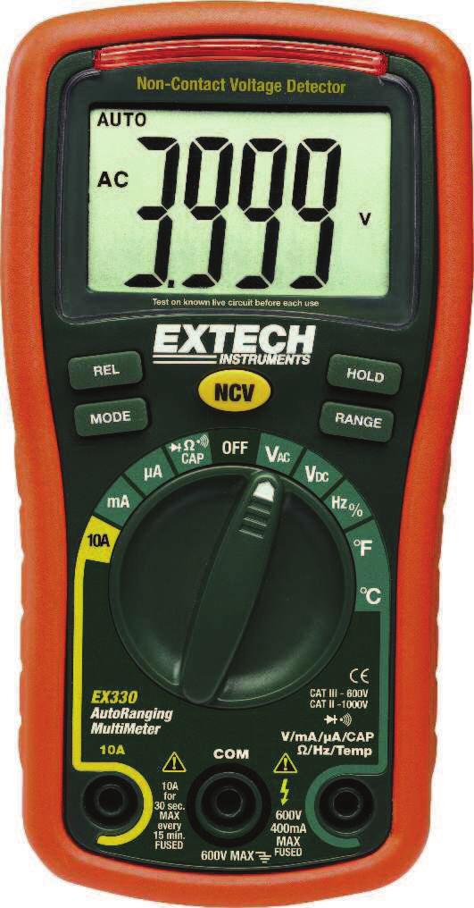 Compact MultiMeters + Voltage Detector Combination MultiMeters with Built-in Non-Contact AC Voltage Detector To quickly check for the presence of AC Voltage before testing EX300 Series Features: 0.