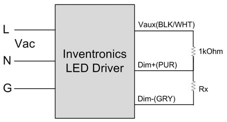 EUC052SxxxDV(SV) Implementation 2: External Resistor Implementation 3: External Resistor Notes: 1. Do not connect the GND of dimming to the output; otherwise, the LED driver cannot work normally. 2. If 010V dimming is not used, Dim + can be either open or connected to Vaux.
