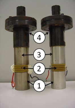 Figure 1. Langevin-type transducer. 1)Tail mass; 2) Piezoelectric disk stack; 3) Head mass; 4) mechanical amplifier 2.