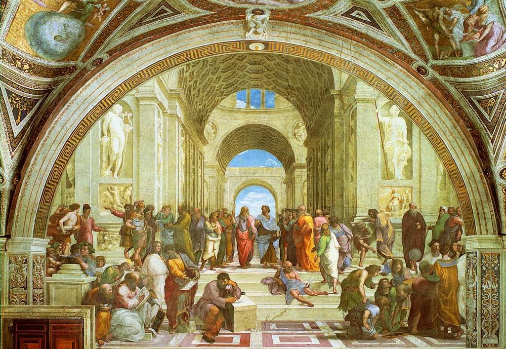 This paint called the School of Athens and depicts the Greek philosophers Plato and Aristotle, centered in the composition and framed by the arch, along with their followers and students.
