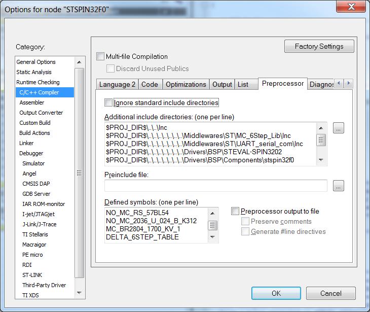 STSW-SPIN3202 firmware package overview UM2310 4 In the Options window, enable or disable features of the STSW-SPIN3202 firmware by going into the C/C++ Compiler Category Preprocessor panel and