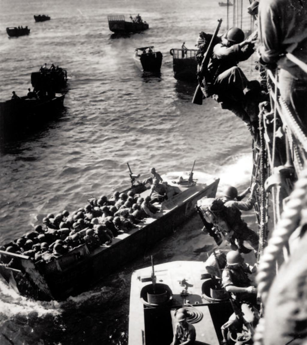 US Marines boarding landing craft in a scene that would ve been multiplied many times over had the Kyushu landings been carried out.