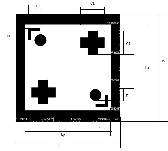 Figure.3 L-Slot Configuration Parameter Lp W L C1 D L1 B1 Value(mm) 27.9965 50 50 8 4 3 1 Table.3: Parameters of optimized structure- Flower-Slot Figure.4 Flower-Slot Configuration IV.