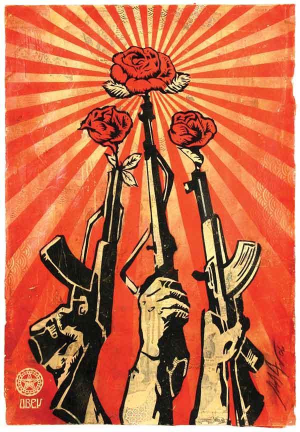 Here, emphasis is created in several ways. The roses contrast with the other areas of positive space because they are red, while the hands and guns are black and white.