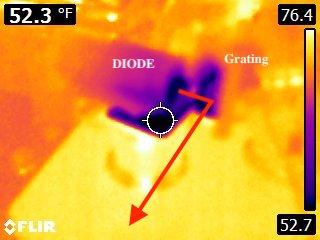 Figure 4.10: We can see here a shot in the infrared of the laser diode and the grating (left to right). The Peltier is the cooling element.