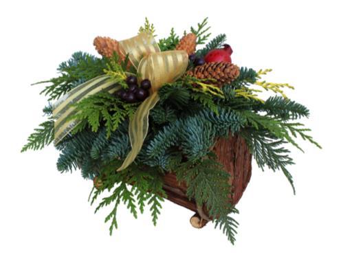Assorted Countryside Arrangements A fresh assortment Noble Fir, Western Red Cedar, Berried Juniper, Princess Pine, faux pomegranates, painted Lodgepole Cones, Spruce Cones, painted twigs, and