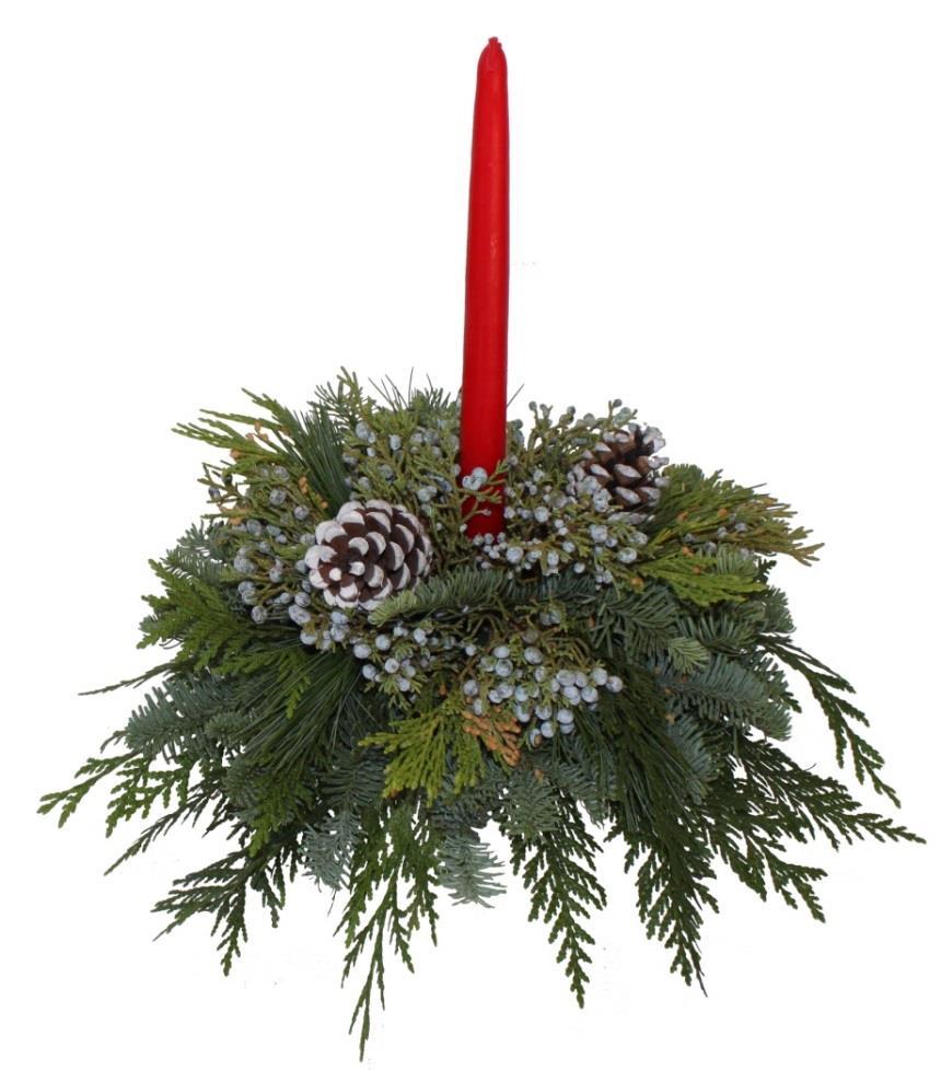 Decorated Centerpiece A festive arrangement of Noble Fir, Western Red Cedar, Princess Pine, Berried Juniper along with painted Ponderosa Pine cones and a single candle.