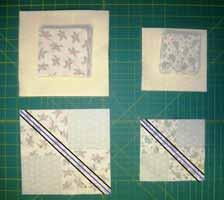 square with right sides together as shown below. Pin the squares in place. I like to pin all 12 Large and 13 Small sets.