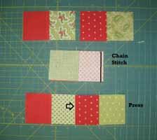 Chain Stitch 26 Sets of 4 Patch Strips. Clip your threads and press the seam allowances towards the Red square.