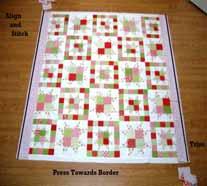 We will start with the small Background Border. Place two Background strips on either side of your quilt top with right sides together.