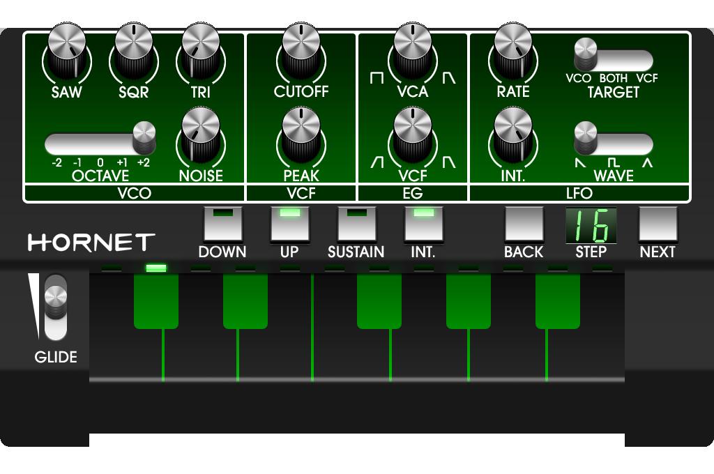 14 Hornet Monophonic Virtual Analog Ribbon Synth WRITING A PATTERN 1. Use the NEXT and BACK buttons to select step. 2. Tap note.