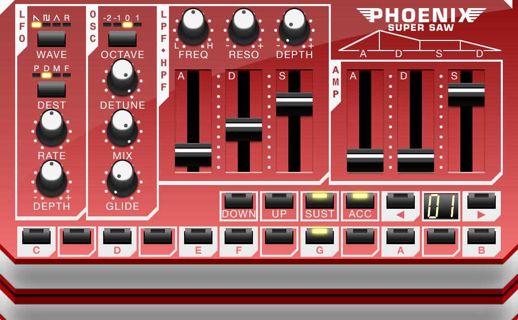 16 Phoenix Supersaw Synthesizer WRITING A PATTERN 1. Use the NEXT and BACK buttons to select step. 2. Tap note. The Phoenix Supersaw synthesizer recreates the famous supersaw sound.