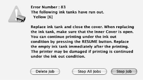 Printing Maintenance The following message is displayed when ink tank is empty. Printing will resume as soon as ink tank is replaced and the Inner Cover and the Top Cover are closed.