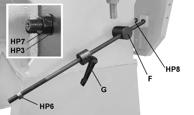 Install stop rod assembly on left side of brake, through weldment on apron, as shown in Figure 4. Secure stop rod pin (F) with flat washer and hex nut (HP7,HP3).