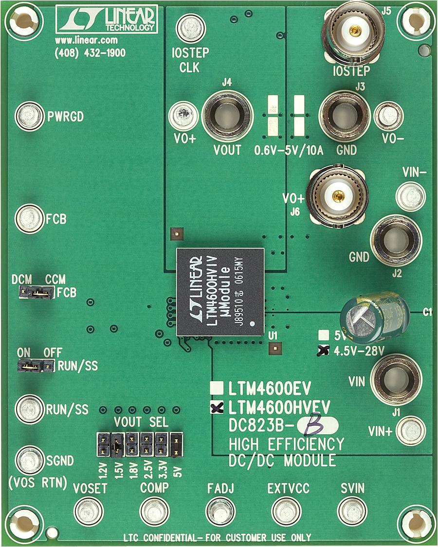 DEMO MANUAL DC8B-B LTM4600HV: 8V, 0A Step-Down Power µmodule Regulator DESCRIPTION Demonstration circuit DC8B-B features the LTM 4600HVEV, a 0A high efficiency, high density switch mode step-down