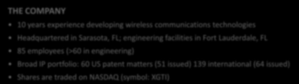 About xg Technology THE COMPANY 10 years experience developing wireless communications technologies Headquartered in Sarasota, FL;