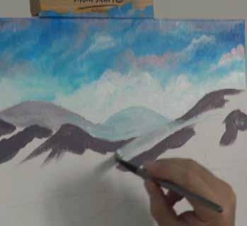 31 3. Painting the mountains. The mountains can be broken into 3 main tones. The first tone is a burgundy tone created from 2 parts Crimson to 1 part Phthalo.