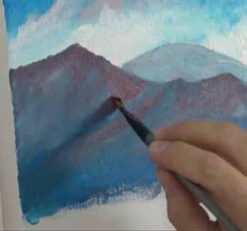 For the farthest mountain create a mix from 1 part White to 1 part Cyan and a touch of burgundy. Lay this tone in and let it dry.
