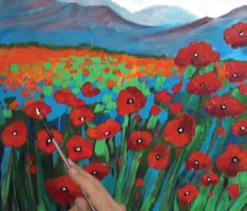 Concentrate the dabs around the centre of the canvas and let some of the Orange show through in parts. Like the Cerulean create vertical strokes below the flowers. 5 5. Painting the poppies.