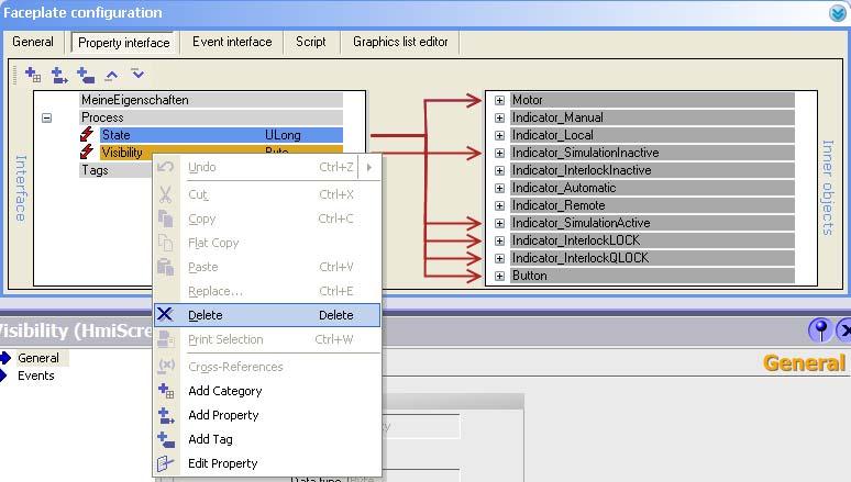 Deleting the Visibility property In the property interface of the faceplate configuration in the Process