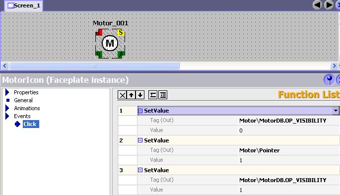 3. Creating the SetValue functions In the Click event, assign the SetValue function for the following tags in the Motor main folder: OP_VISIBILITY with the value 0 This marks the value of the