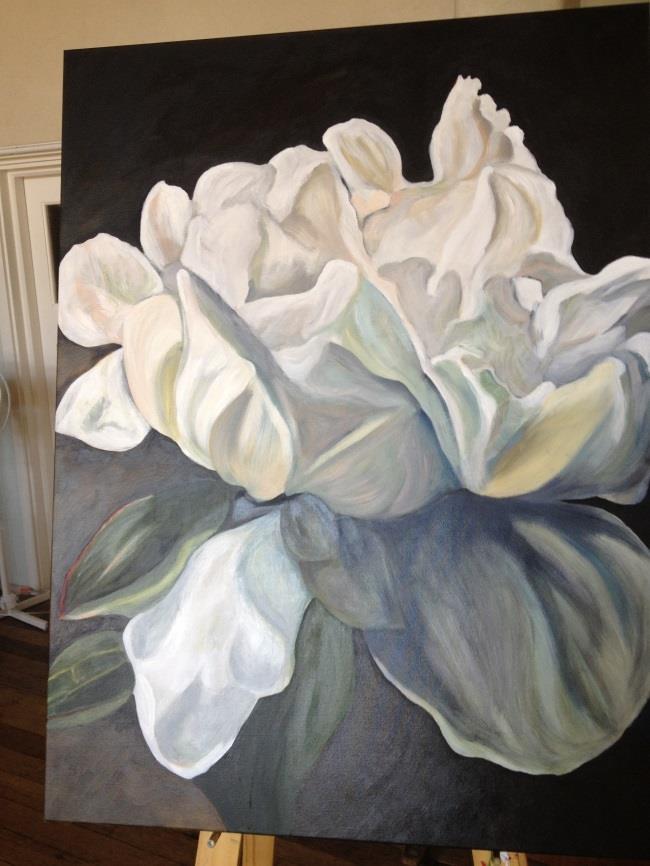 Her large painted canvases of a magnolia and a peony show her bold yet delicate results. She has previously studied Chinese watercolour painting.