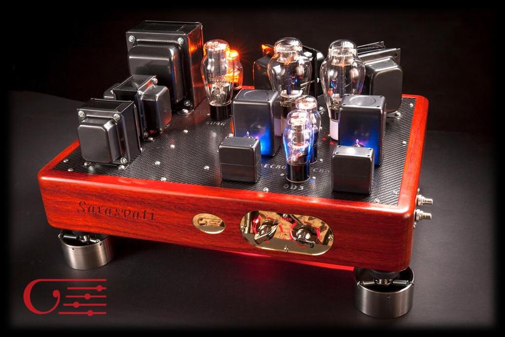 Integrated Amplifier Sarasvati: 2 A 3 Single ended amplifier, 0 feedback, transformer coupled. 4,5 +4,5 WRms, Class A. Two RCA input. Inductive vacuum tube PSU, Electrolytic less.