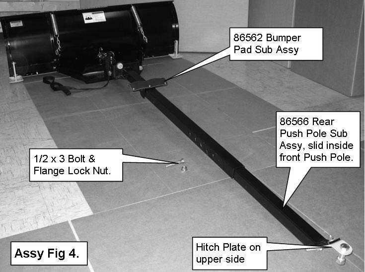 Slide the Rear Push Pole sub assy, 86566, inside the rear of the front push pole so that the hitch plate is on the upper side of the rear push pole as shown in Assy Fig 4.