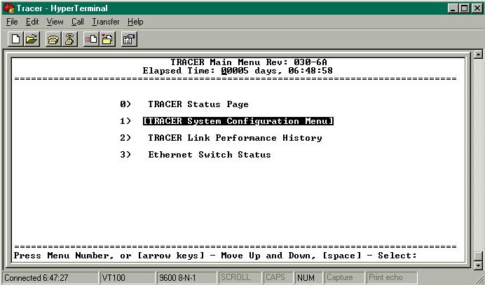 Section 5 User Interface Guide TRACER 5045 System Manual >MAIN MENU The TRACER 5045 Main Menu page provides access to all other configuration/status pages.