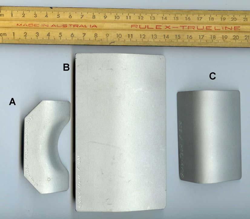 a. b. Figure 3.1 Aluminium composite TCFs; Grey Tech Services (Australia): a. Plan view; b. Side view (Velcro tape seen underneath) Models are: A.