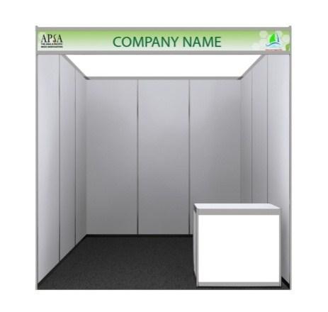 height, white shell scheme with aluminum frame Width 3m. Depth 2m. Height 2.5m. 30cm height, 10cm Blue lettering height max 25 characters, exhibitor please submit Name of company in block letter by.