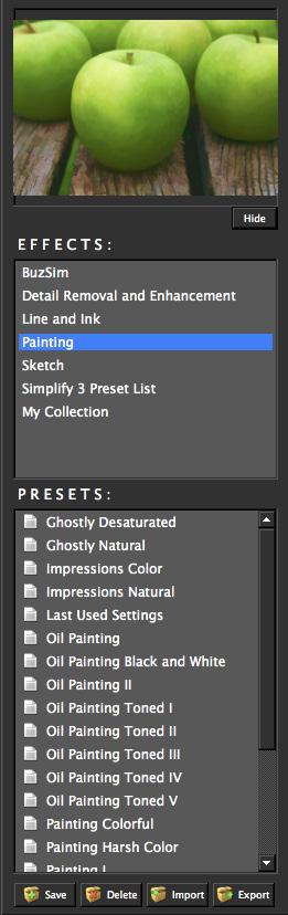 Work Area Presets Presets are a great way to speed up and simplify the whole process of using. Presets are set previews with previously defined settings that you can recall and reapply at any time.