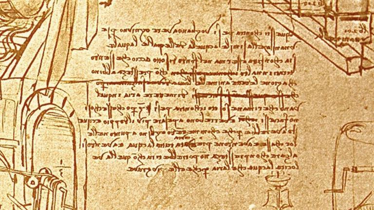 Not only did Leonardo write with a special kind of shorthand that he invented himself, he also mirrored his writing, starting at the right side of the page and moving to the left.